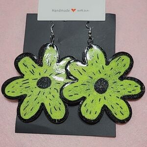 Handmade Floral Earrings - Black and Green
